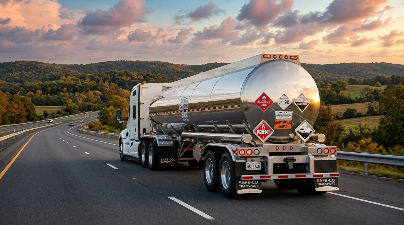 A placarded tanker truck on the highway