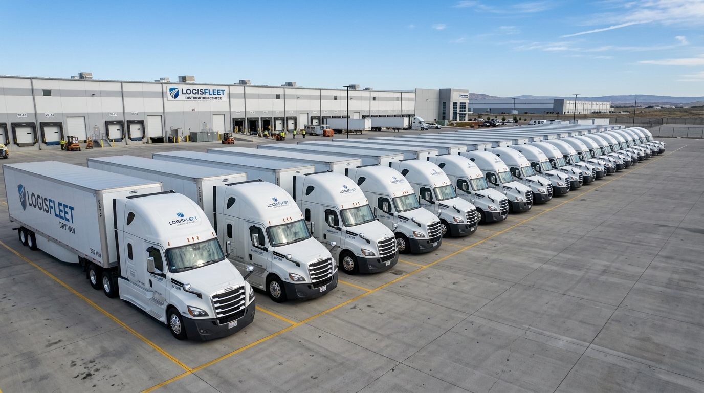 A line of vetted carrier trucks at a distribution center