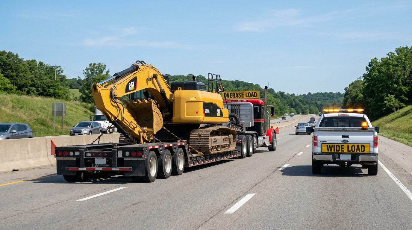 A heavy-haul trailer with a pilot car escort