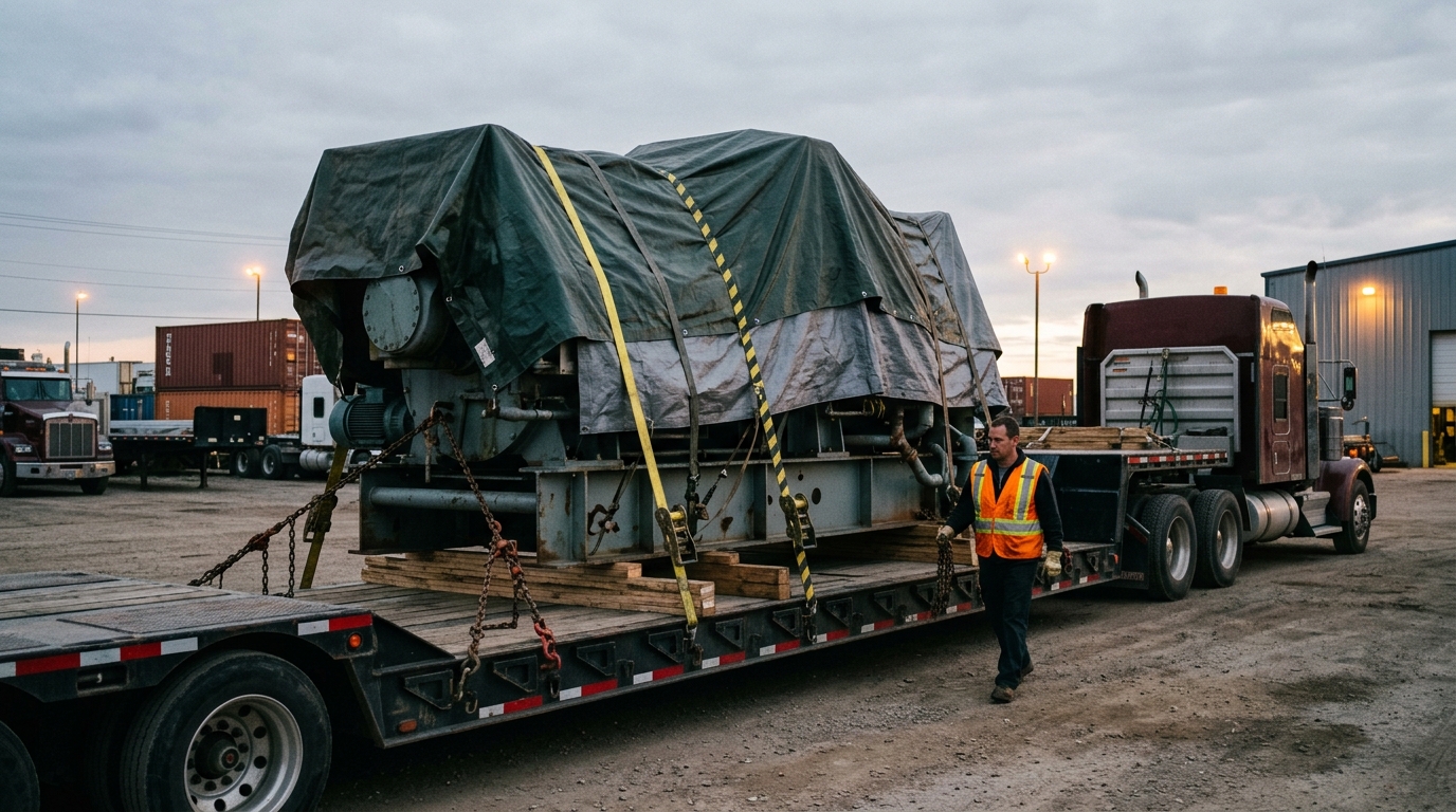 An oversized load secured on a step-deck trailer