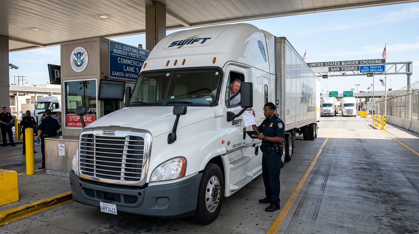 A freight truck at a border crossing checkpoint