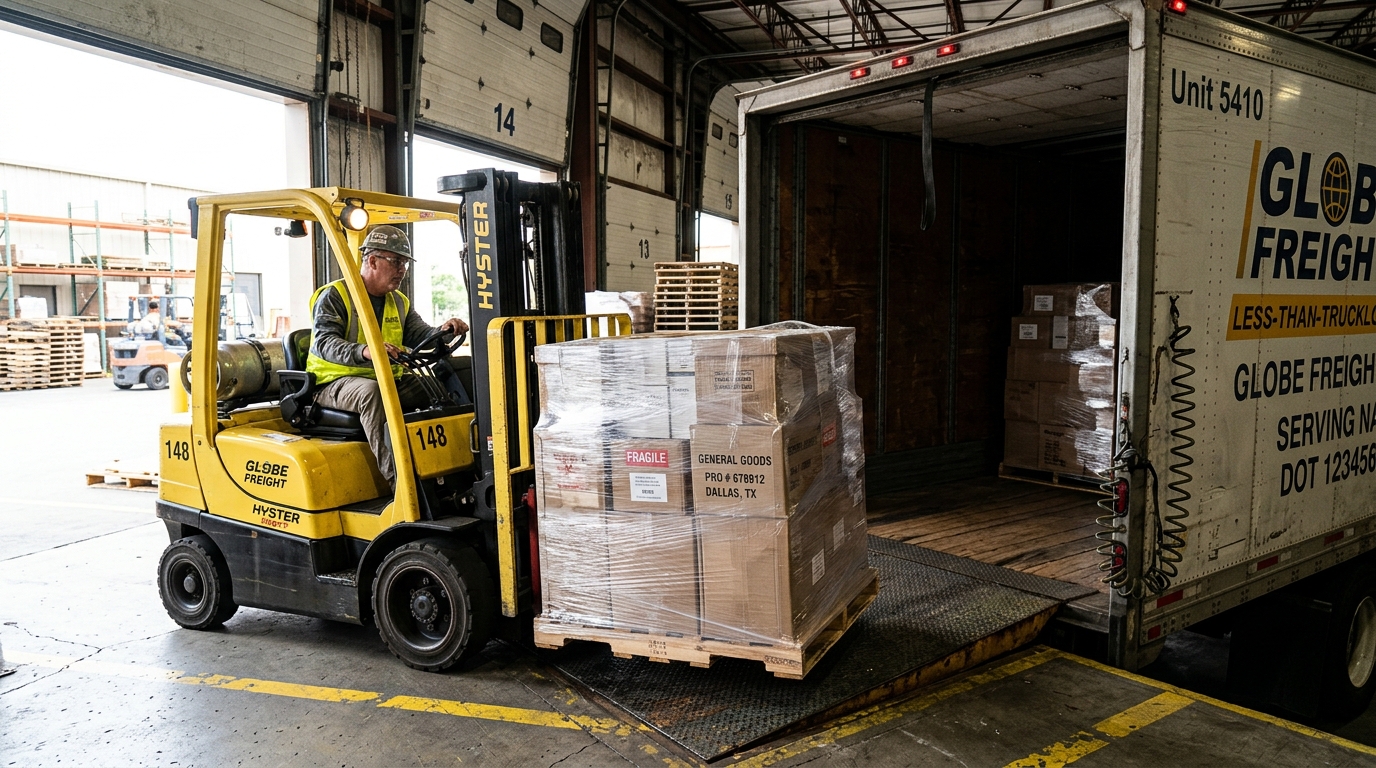 A forklift loading palletized freight onto an LTL trailer