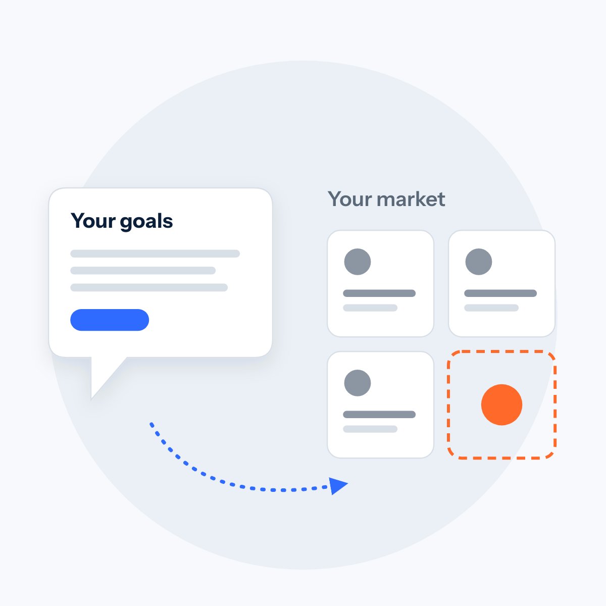 A speech bubble for your goals beside a row of competitor cards with an open space marked by the orange dot