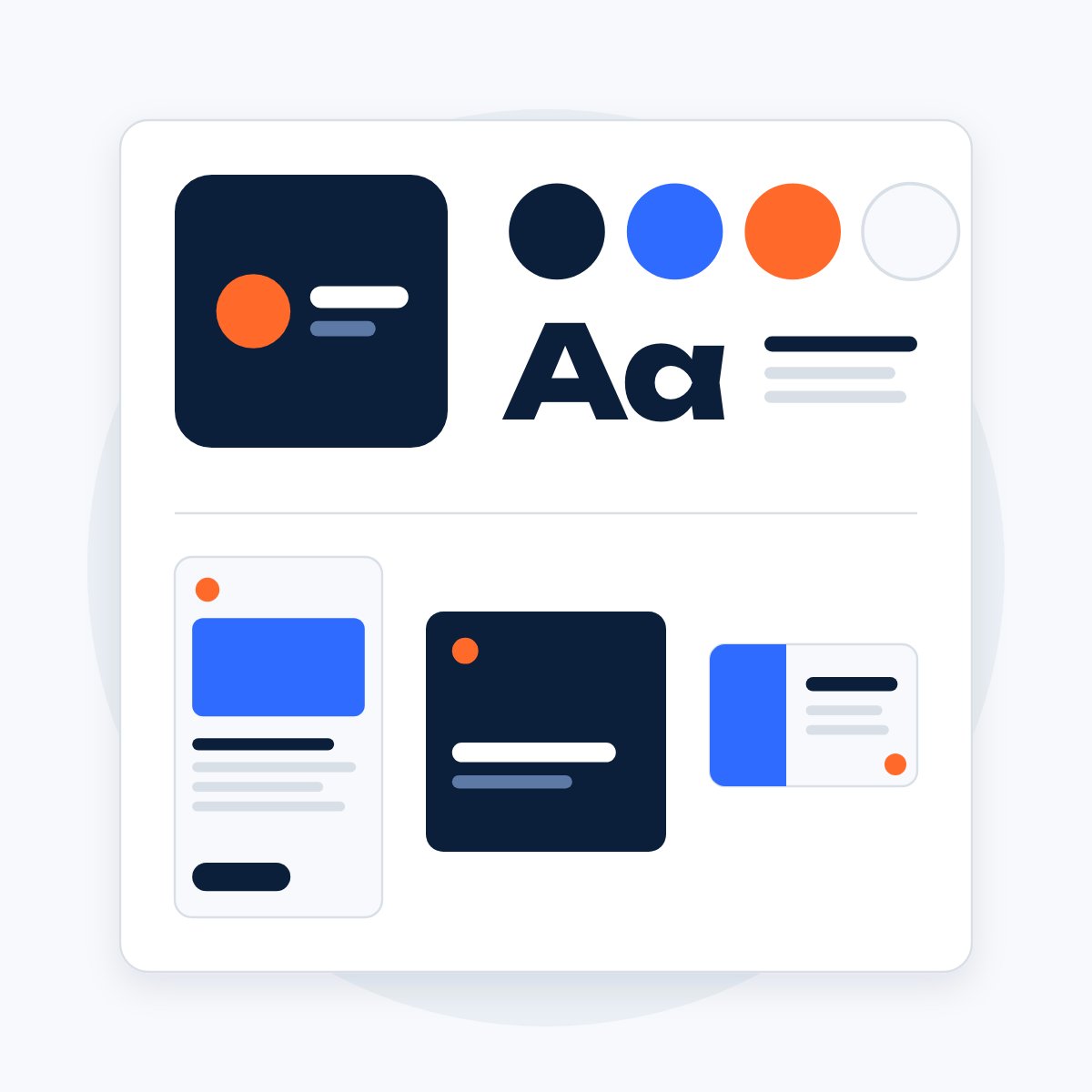A brand standards sheet with a logo, color swatches, a type sample and three matching templates