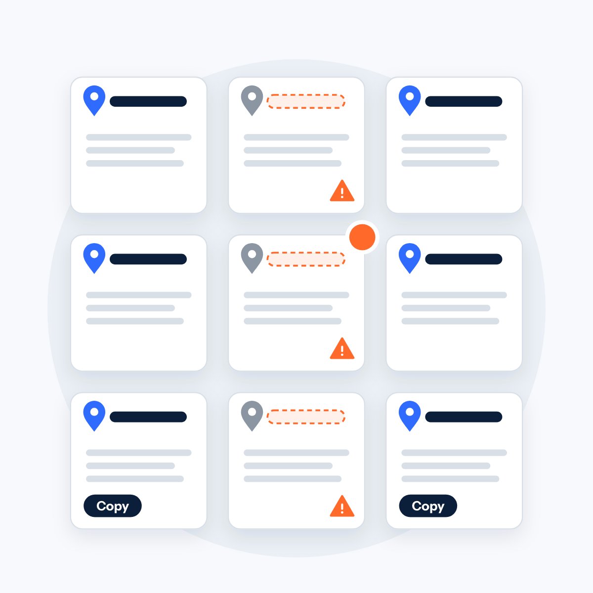 A grid of nine location pages where several titles are broken and two pages are marked as copies