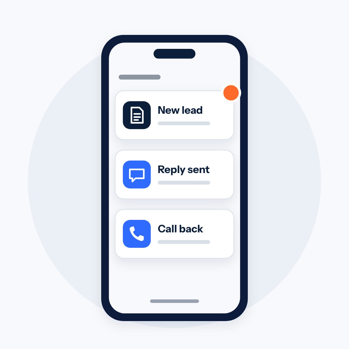 A phone showing a new lead, an instant reply and a call back alert