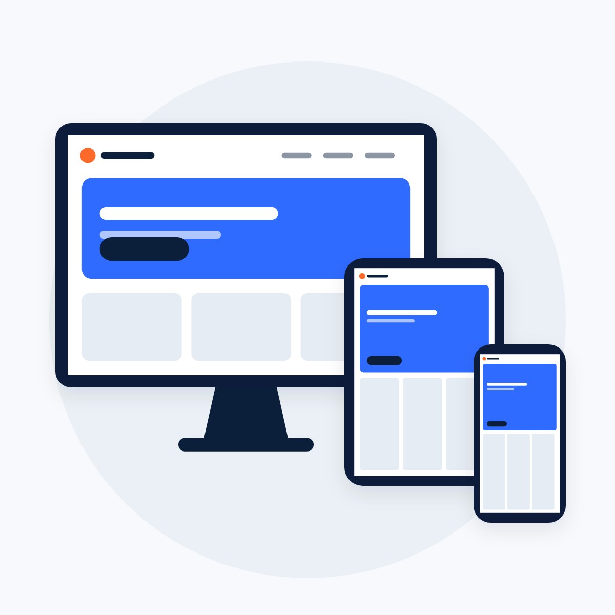 The same page design on a desktop screen, a tablet and a phone